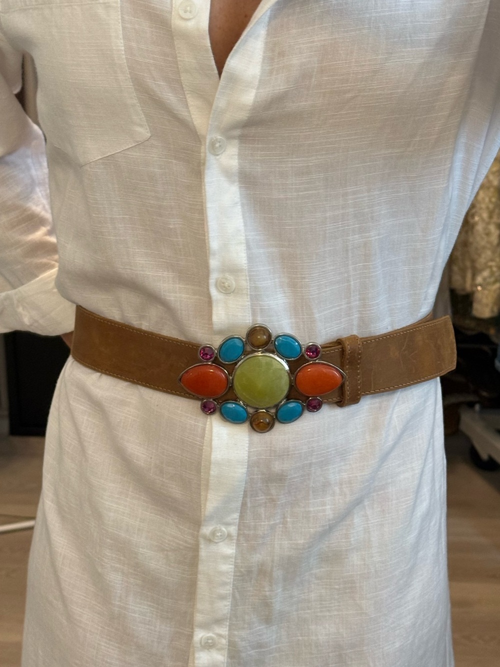 Vintage Leatherock Tan Suede Belt with Multicolor Gemstone Buckle